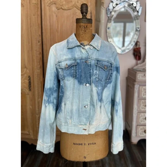 Large Distressed Denim Jacket Sacred Heart Folk Art Boho
